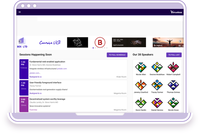 Venueless landing page with schedule, exhibiton and speaker information.