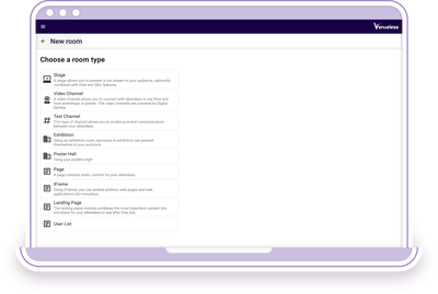 Venueless backend with the menu to create a new room