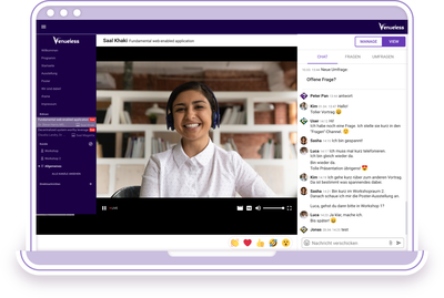 Venueless Software im Frontend - Links eine Streaming Bühne, auf der ein Mensch zu sehen ist. Rechts ein integrierter Chat.