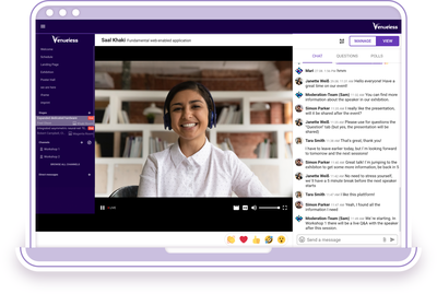 Venueless software on the frontend - On the left a streaming stage on which a person can be seen. On the right an integrated chat.