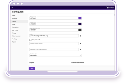 Venueless backend with the theme settings. You can change colors, upload a logo and change texts
