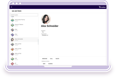 User list in Venueless with an open user profile with various information.